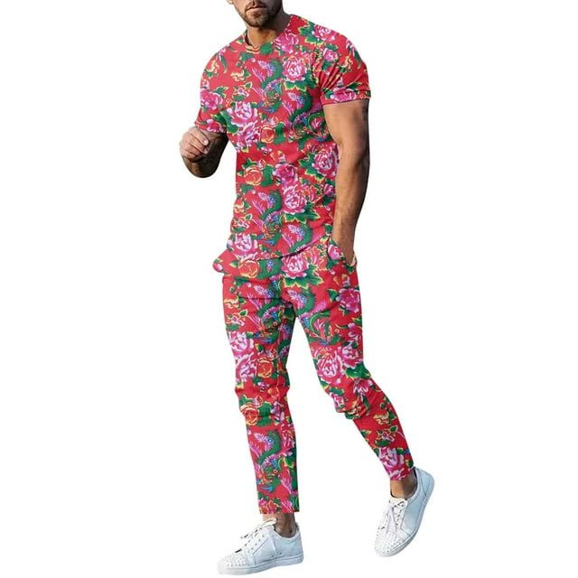 Costumes pour Hommes / Catégorie de Produits spotlight Ensembles de Costume pour Hommes Printemps et Automne Floral T-Shirt à Manches Longues avec Col Rond et Bas Coordonnés Tendance Mode Moderne