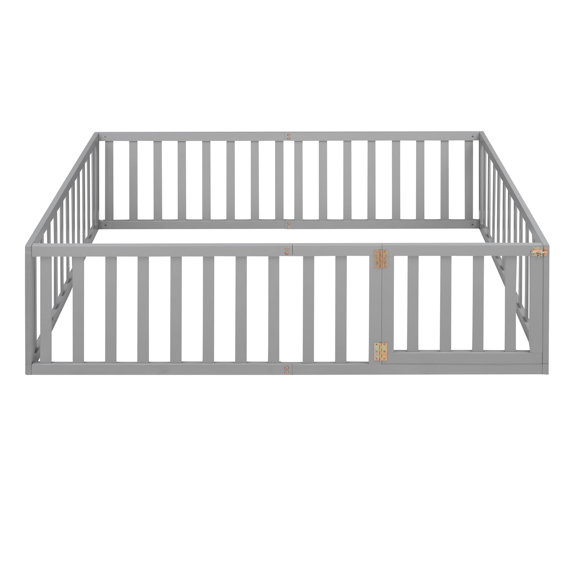 Gewnee Full Size Toddler Floor Bed,Pine Wood Kids Floor Bed Frame with Fence and Door,Gray