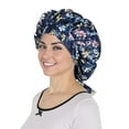 thumbnail image 2 of Women Silk Bonnet for Sleeping Satin Hair Bonnet with Floral Print and Long Tie Band - Navy Blue, 2 of 6