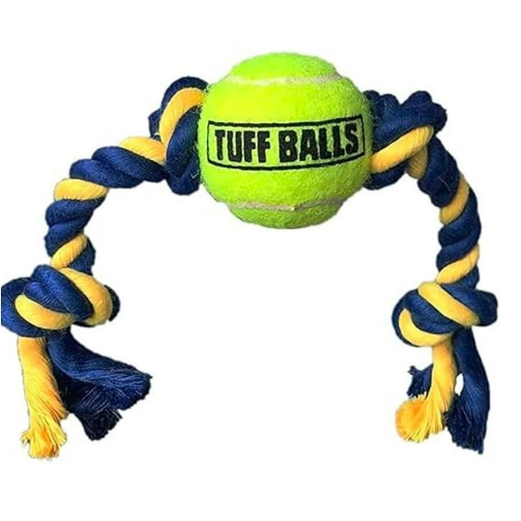 Dog Toy Rope and Tennis Ball Tough Play Fetch Catch Tug for Little to Big Breeds (Mini 1.5" Ball, 9" Rope)