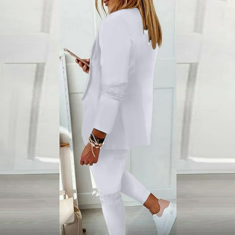 REORIAFEE Summer Outfits for Women Fashion Tracksuits Beach Outfit Women's  Long Sleeve Suit Pants Casual Elegant Business Suit White S