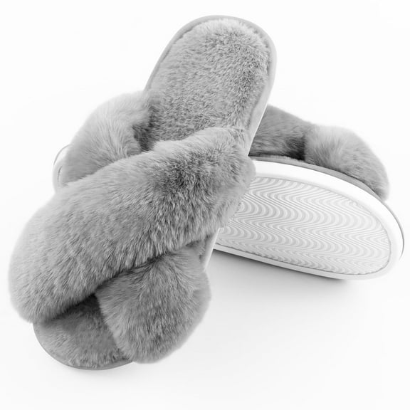 ELElax Women's Cross Band Slippers Fuzzy Soft House Slippers Plush Furry Warm Cozy Open Toe Fluffy Home Shoes Comfy Indoor Outdoor Slip On Breathableï¼ Gray