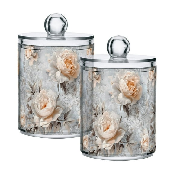 Yayeee 2 Pack Qtip Holder Bathroom Cotton Swab Canister with Lid Clear Dispenser Set, Beautiful Floral