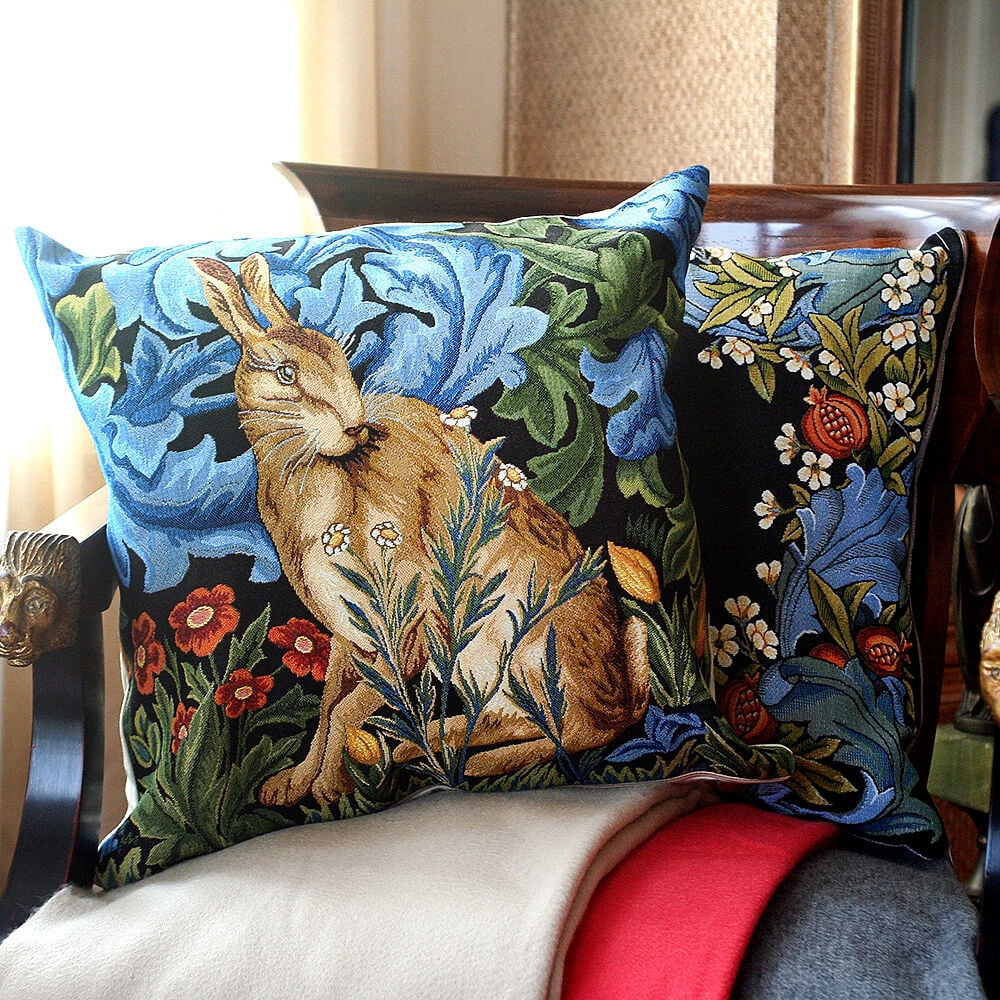 STPgoods Bunny William Morris Tapestry Throw Pillow with Insert 18x18" (45x45 cm) Decorative Couch and Sofa Cushion for Living Room Bedroom Square Pillowcase