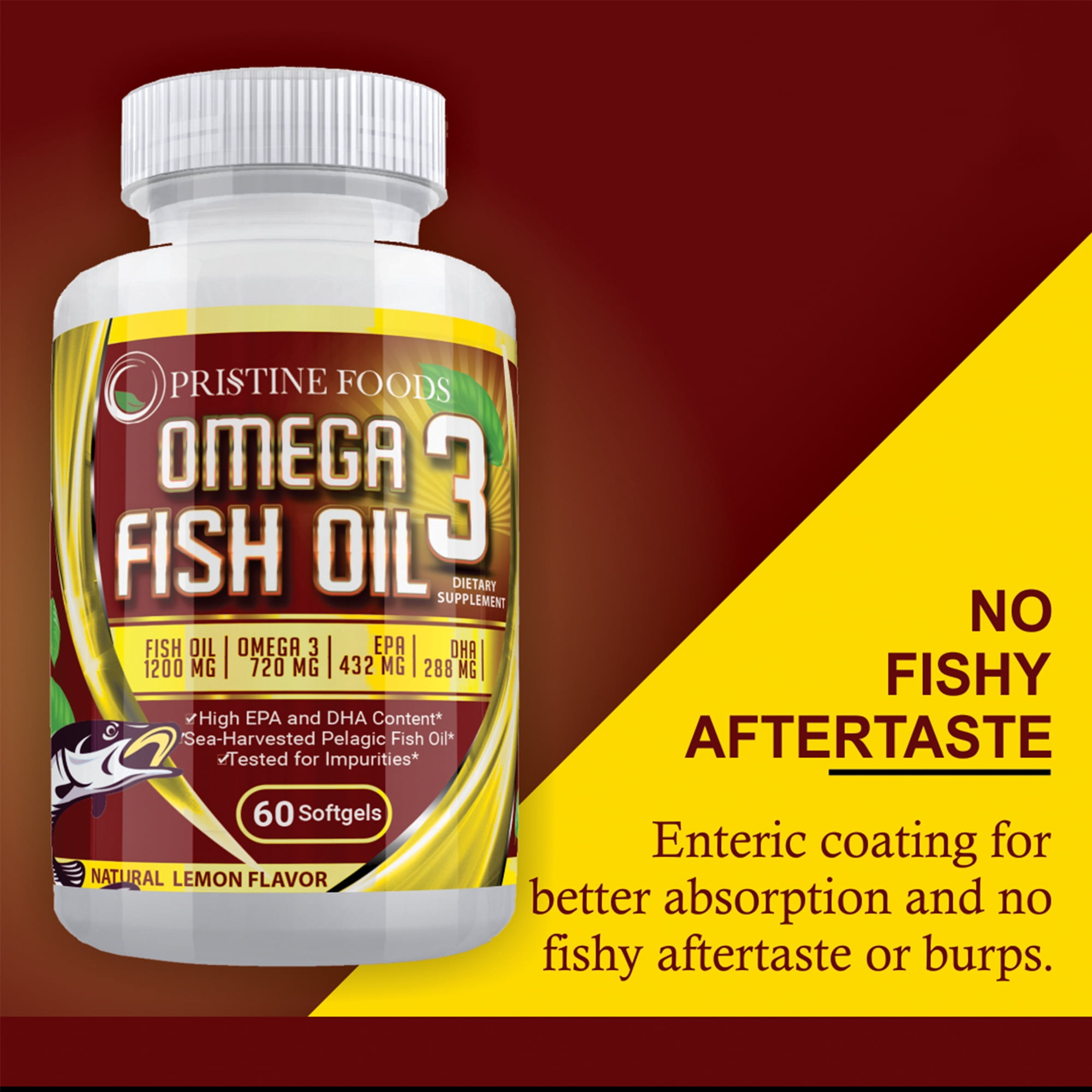 Pristine Foods Omega 3 Fish Oil 1200mg - 60 Soft Gels, Natural Immune Booster for Healthy Heart