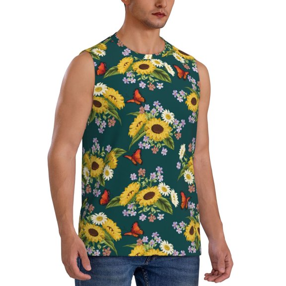 Fotbe Men's Sunflowers Print Men's Sleeveless Muscle Tank Tops Casual T-Shirts for Gym Workout Beach-X-Large