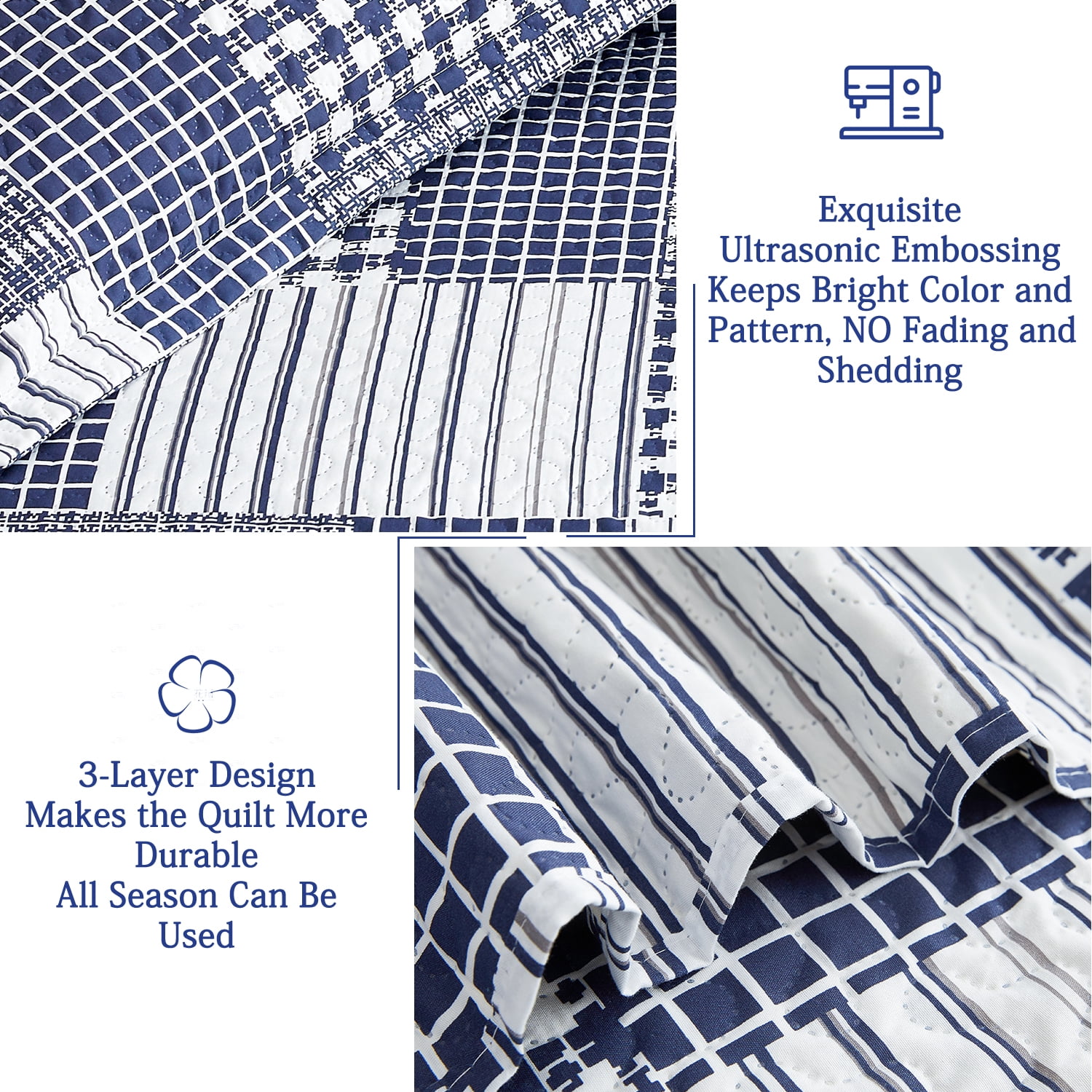 Kebury Plaid Bedding Quilt Set Twin Size Microfiber Ultra Soft Bedspread Ligthtweight Navy Blue Checked Quilt Coverlet Collection for Bedroom (1 Quilt, 2 Pillow Shams)