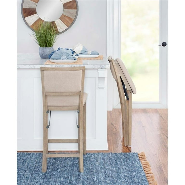 Linon Keira Folding Counter Stool Fabric Padded Back Seat in Graywash Wood Walmart