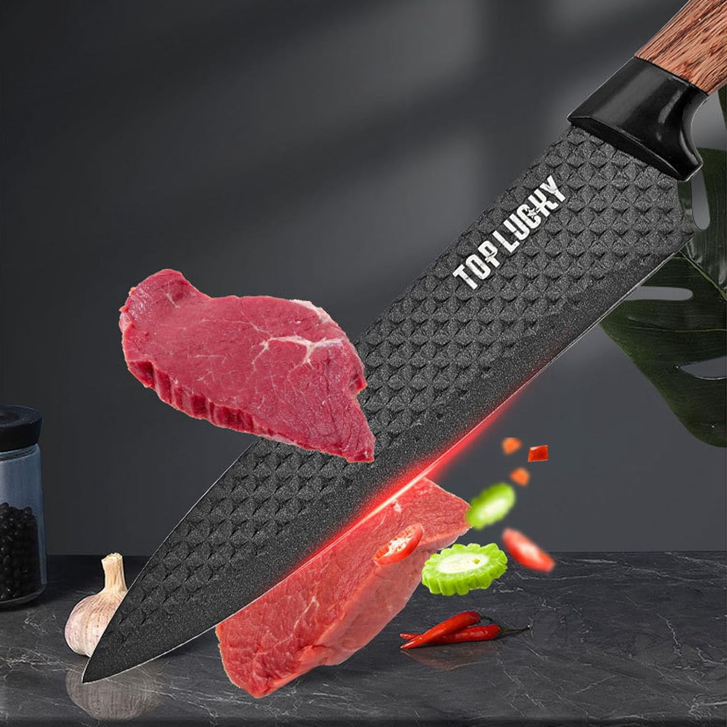 Kitchen Knife Set, 6-Piece Black Cooking Knife Set with Star Grain Blade, Sharp Stainless Steel Chef Knife Set Contains Round Knife Storage, Knives, Scissors for Home Kitchen