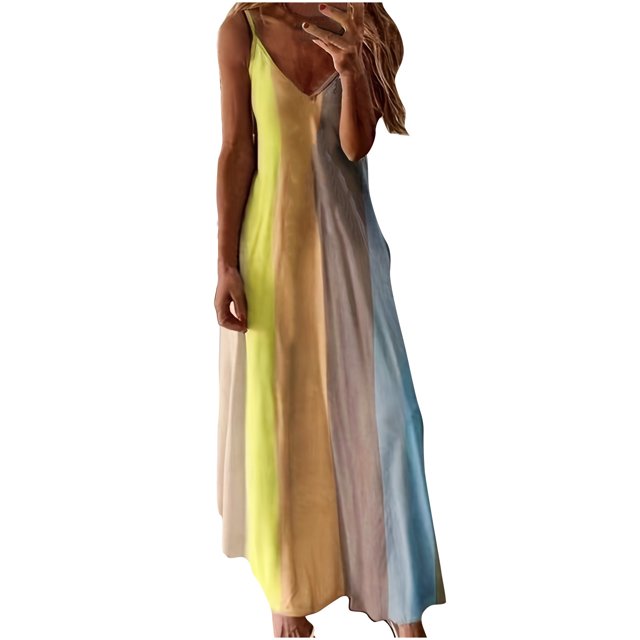 Pisexur Robe Sans Manches Col en V Mi-Mollet Robes Mi-Mollet pour Femmes Été Décontracté Col en V Imprimé Sans Manches Vacances Plage Longue Robe Femmes Robe