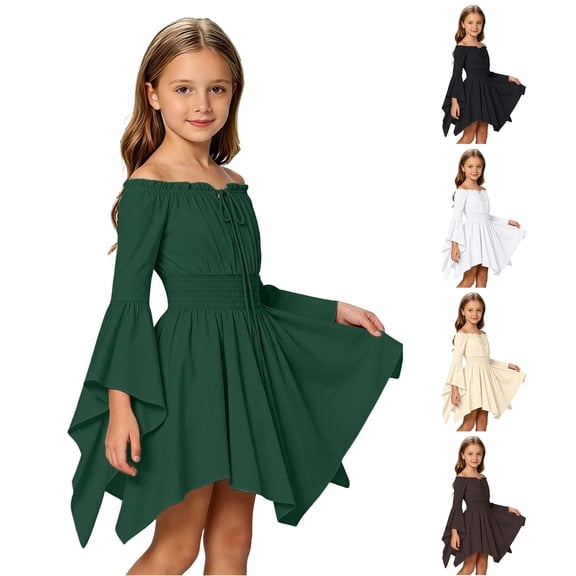 Zylarhe Zylarhe Girls Renaissance Dress Off Shoulder Pirate Fairy Halloween Outfit Green 8-9 Years