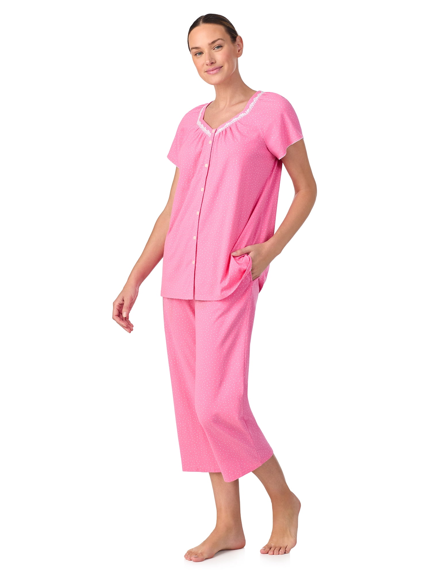 Aria Short Sleeve 100% Cotton Cropped Pajama Set with Pockets, Women’s Sizes S-3X