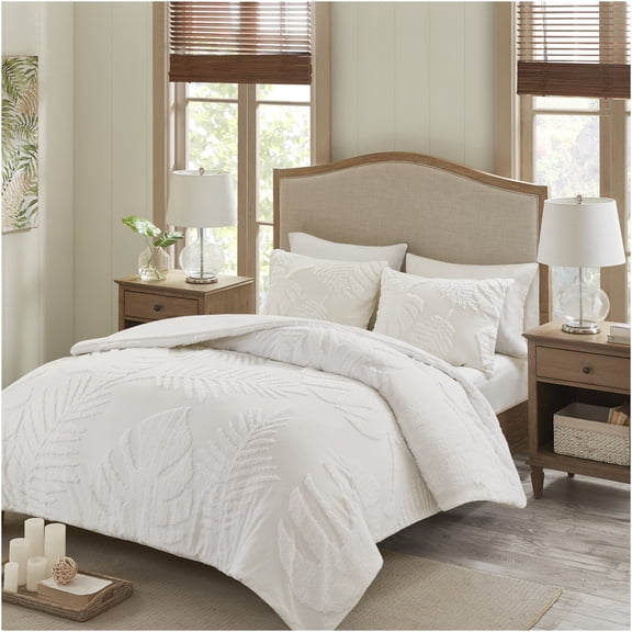 JERFIT Tropical Palm King Comforter Set, 3-Piece Off-White Chenille Bedding, Coastal Decor