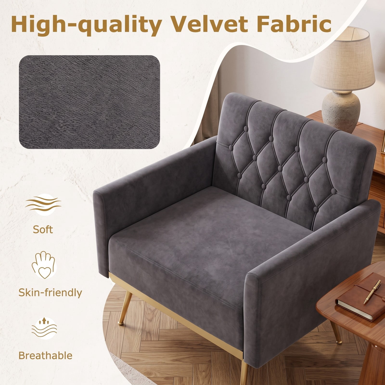 Furnibear Modern Velvet Accent Chair, Upholstered Button-Tufted Single Sofa Armchair with Adjustable Feet and Metal Legs for Living Room Bedroom Office, 350 lbs, Gray