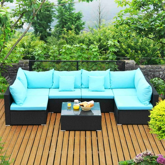 Costway 7PCS Patio Wicker Sofa Set Sectional Conversation Furniture Set Garden Navy Blue