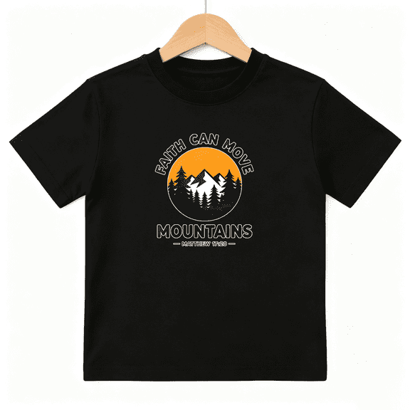 Faith Can Move Mountains Boys Graphic Tee, Retro Christian Matthew 100% Cotton Kids Short Sleeve T-Shirt 4-13Y