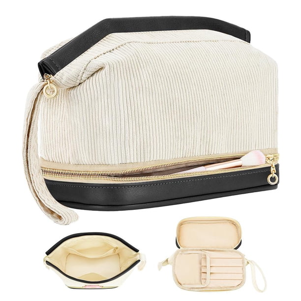 LUVCLS Bolsa de maquillaje de viaje, bonita bolsa de maquillaje, bolsa de artículos de tocador impermeable, bolsas de viaje de maquillaje con iniciales de doble capa, regalos para mujeres, ella, mam