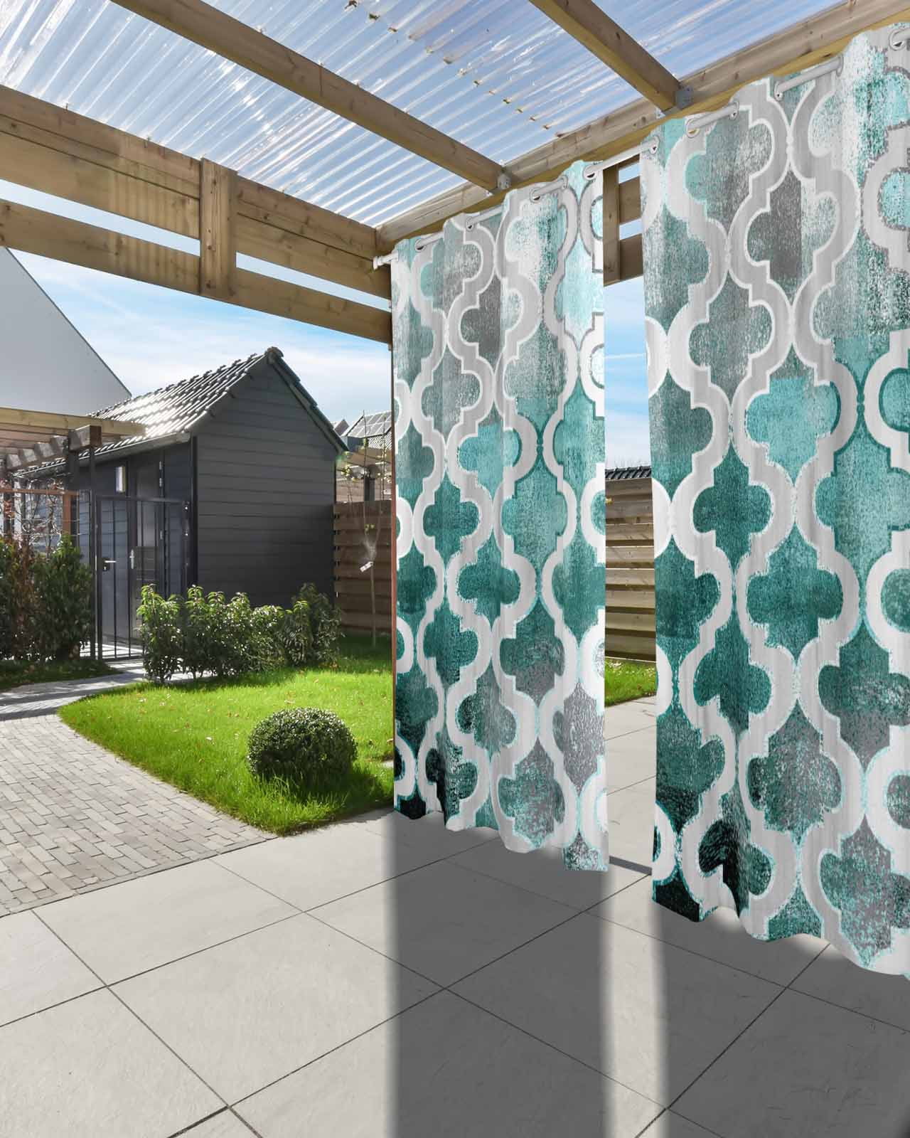 nqOlkjepod Outdoor Curtains for Patio Waterproof, Turquoise Morocco Outdoor Privacy Panels Grommet, Grey Ombre Retro Mottled Painting Art Blackout Outside Curtains for Porch/Cabana 54"x95", 1 Panel