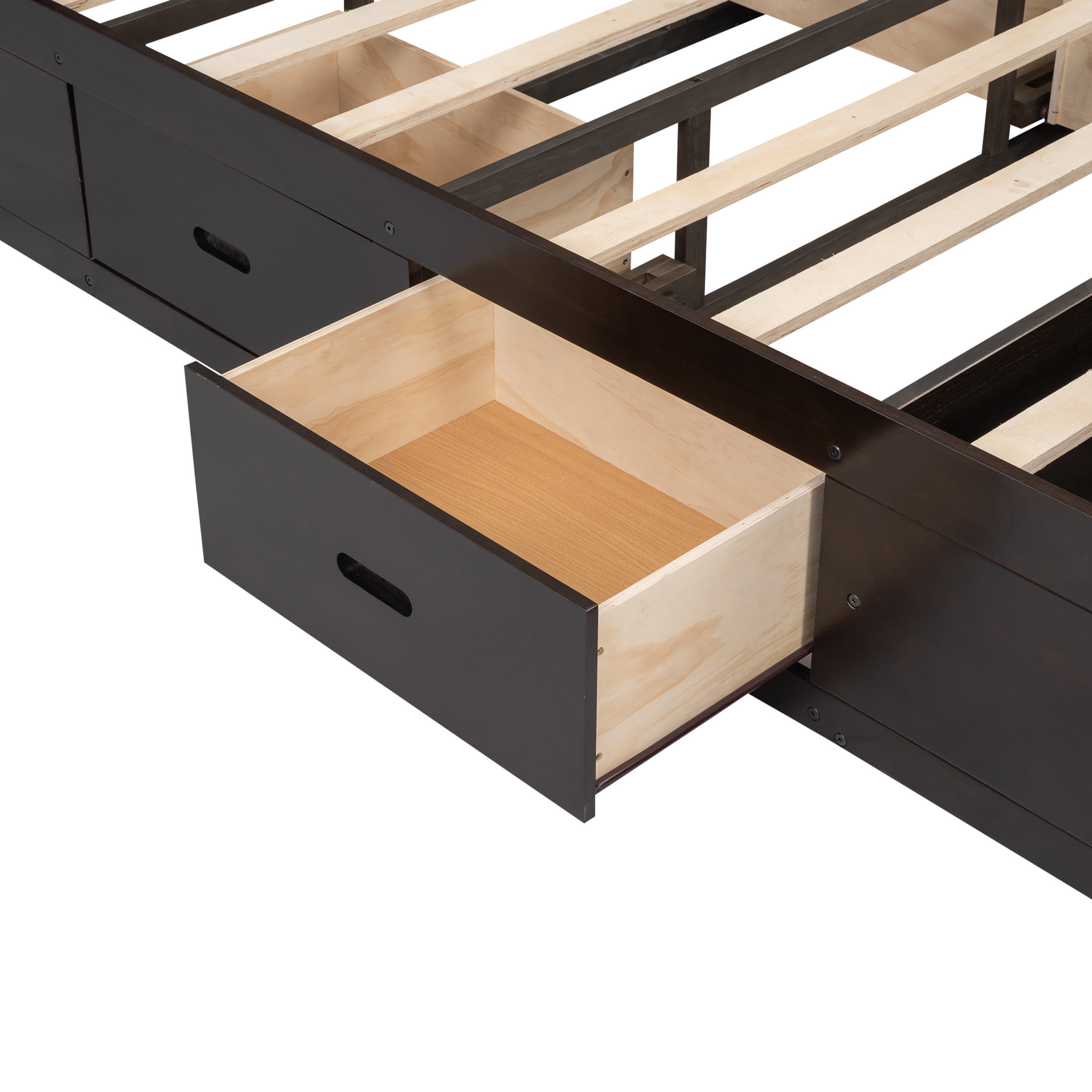 Noble House Norva Queen Size Wood Platform Bed, Storage Headboard with Integrated Drawers and Shoe Rack, Espresso
