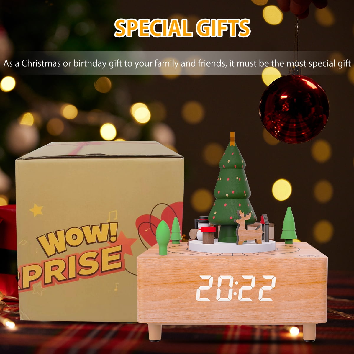 Electime Wooden Alarm Clock for Christmas Gift, Desktop Digital Clock, Train Musical Box Smart Castle Toy Birthday Present for Lover Friends and Children