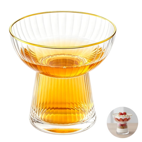 Hand‑Blown Glass Dessert Bowl with Gold Rim – Ribbed Footed Bowl, 10.8 oz Capacity, Elegant Serving Dish for Ice Cream, Pudding, Fruit & Parfaits