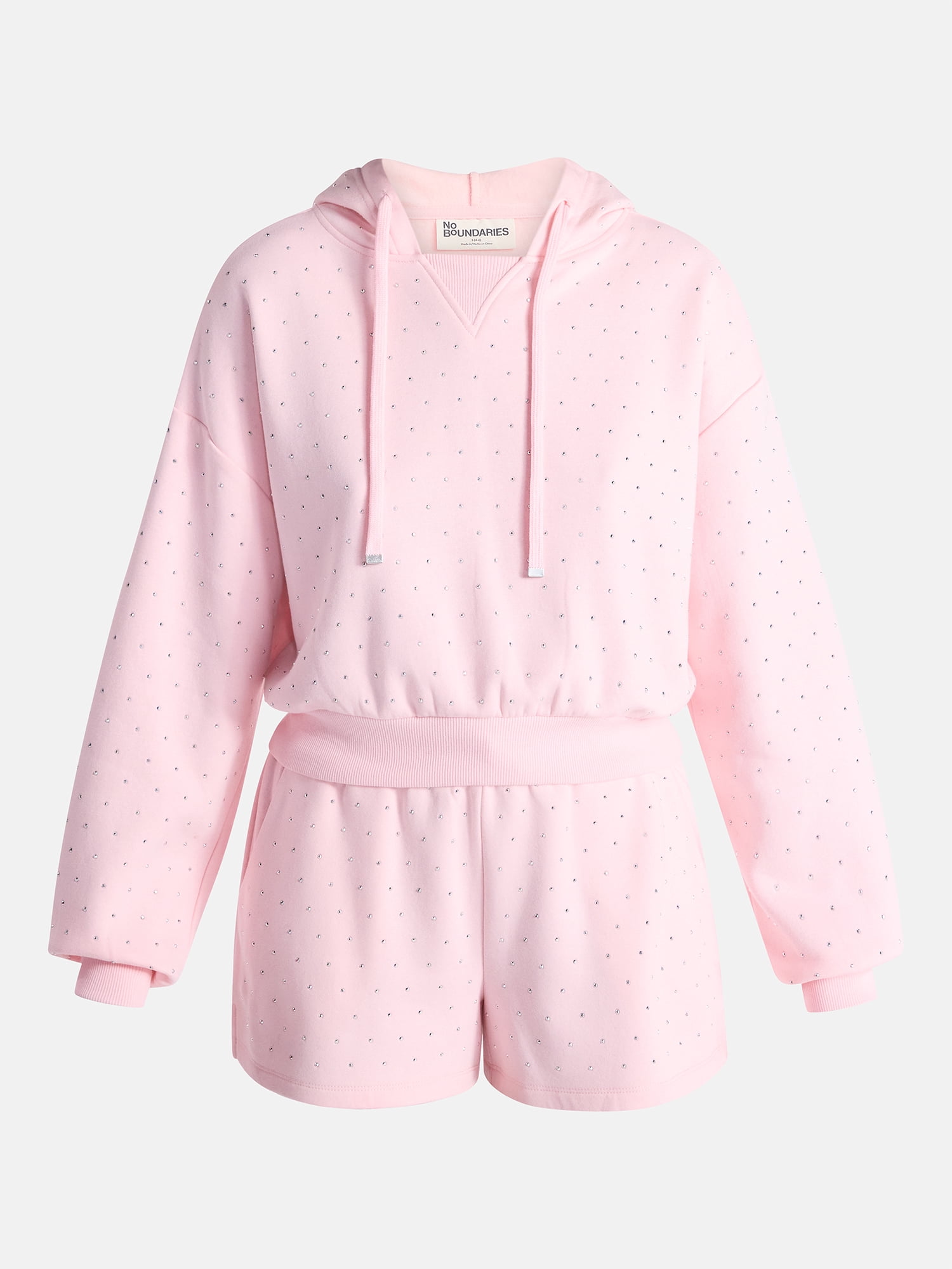 No Boundaries Faux Rhinestone Cropped Hoodie and Shorts Set, 2-Piece, Women’s