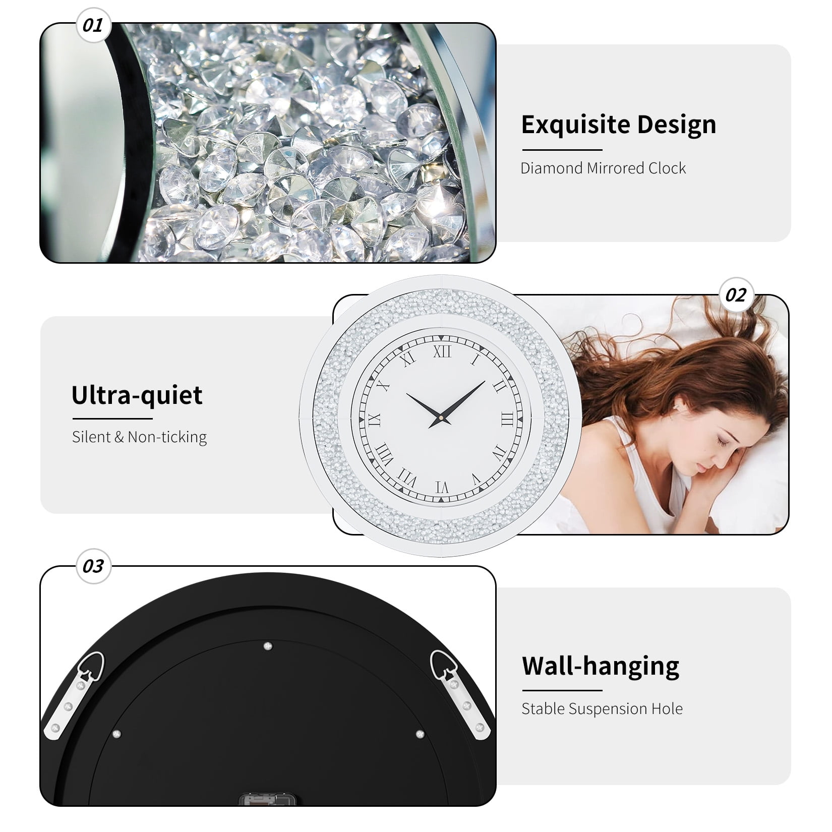 LUVODI 24 inch Rround Crushed Diamond Wall Clock Silver Beveled Mirrored Clock for Wall Living Room Decor