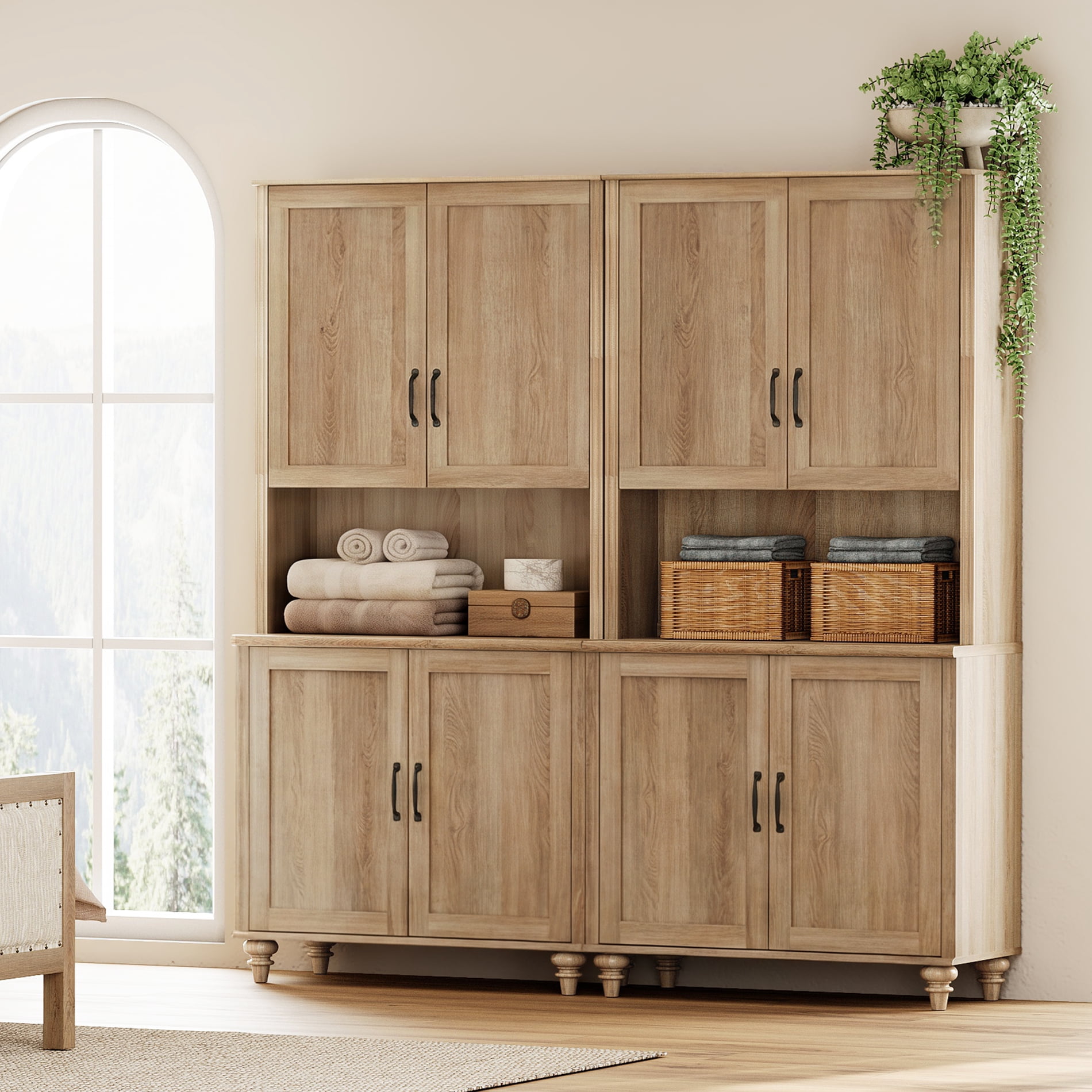 72"H Tall 5-Tier Bookcase with Wood Doors, Bookshelf with Adjustable Shelf, Farmhouse Library Wooden Bookshelves for Living Room, Office, Kitchen, Oak