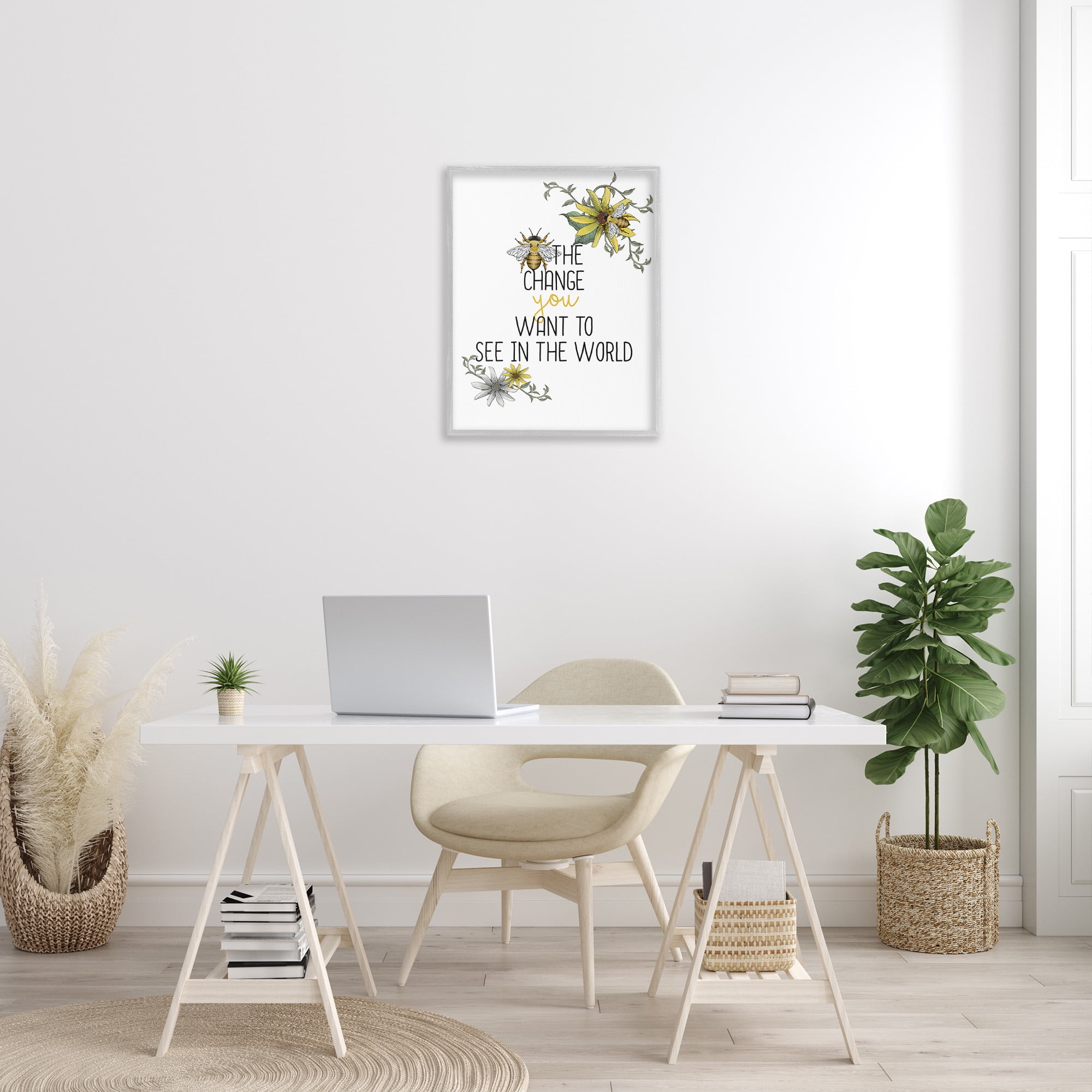 Stupell Industries Bee The Change Botanical & Floral Painting Gray Framed Art Print Wall Art, 24 x 30