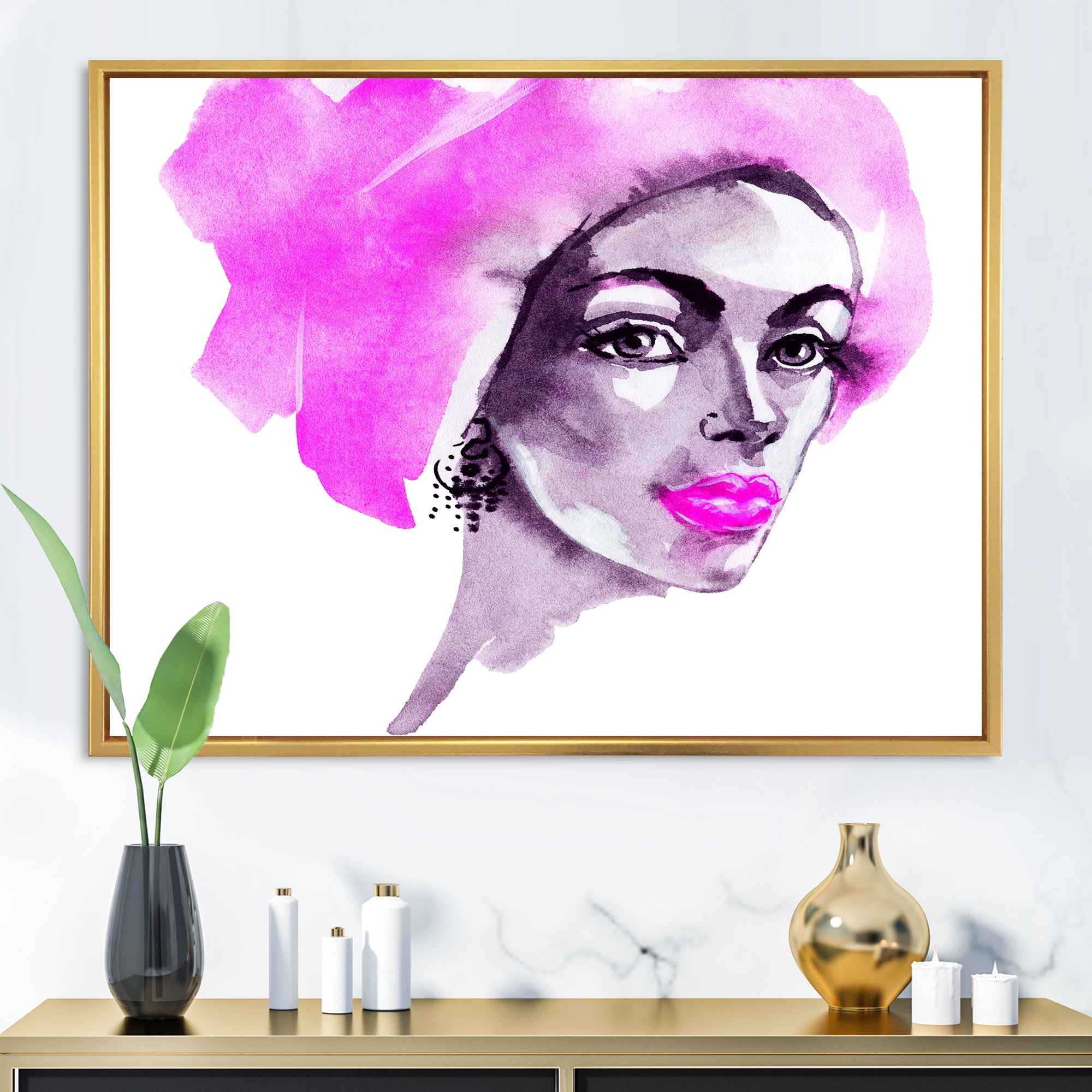 Designart 'Afro American Pink Woman Fashion Portrait' Modern Framed Canvas Wall Art Print