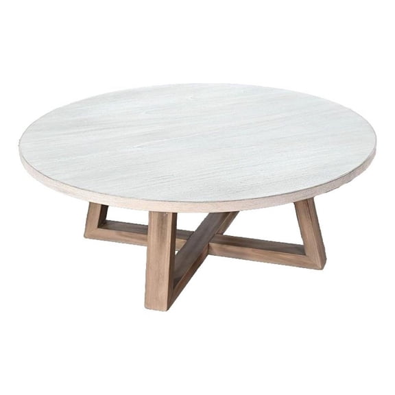 Benjara Dilly Coffee Table- 48" Round Light Gray Top- Wheat Brown Solid Wood