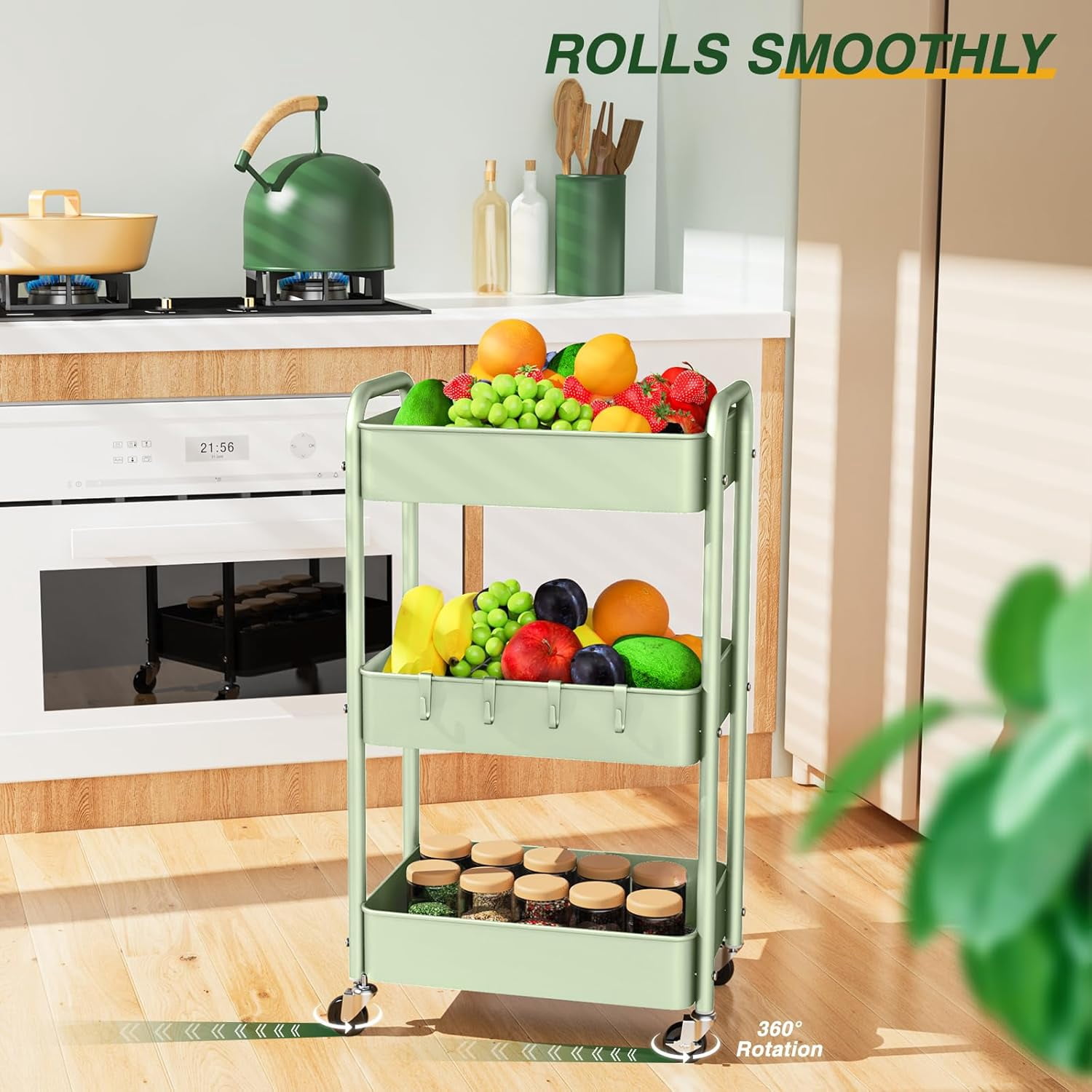 3 Tier Rolling Storage Cart, Metal Trolley Utility Cart with Wheels & Hooks, Easy Assembly Organizer Storage Cart for Bathroom Kitchen Office Bedroom