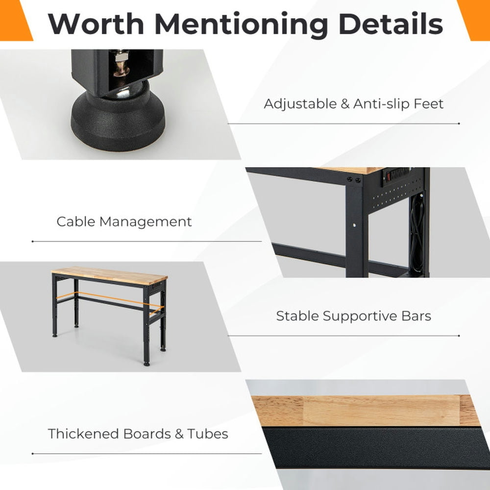 Demi Bonn 53" Adjustable Heavy-Duty Workbench with Rubber Wood Top for Home Office Sturdy Writing Workstation, Brown