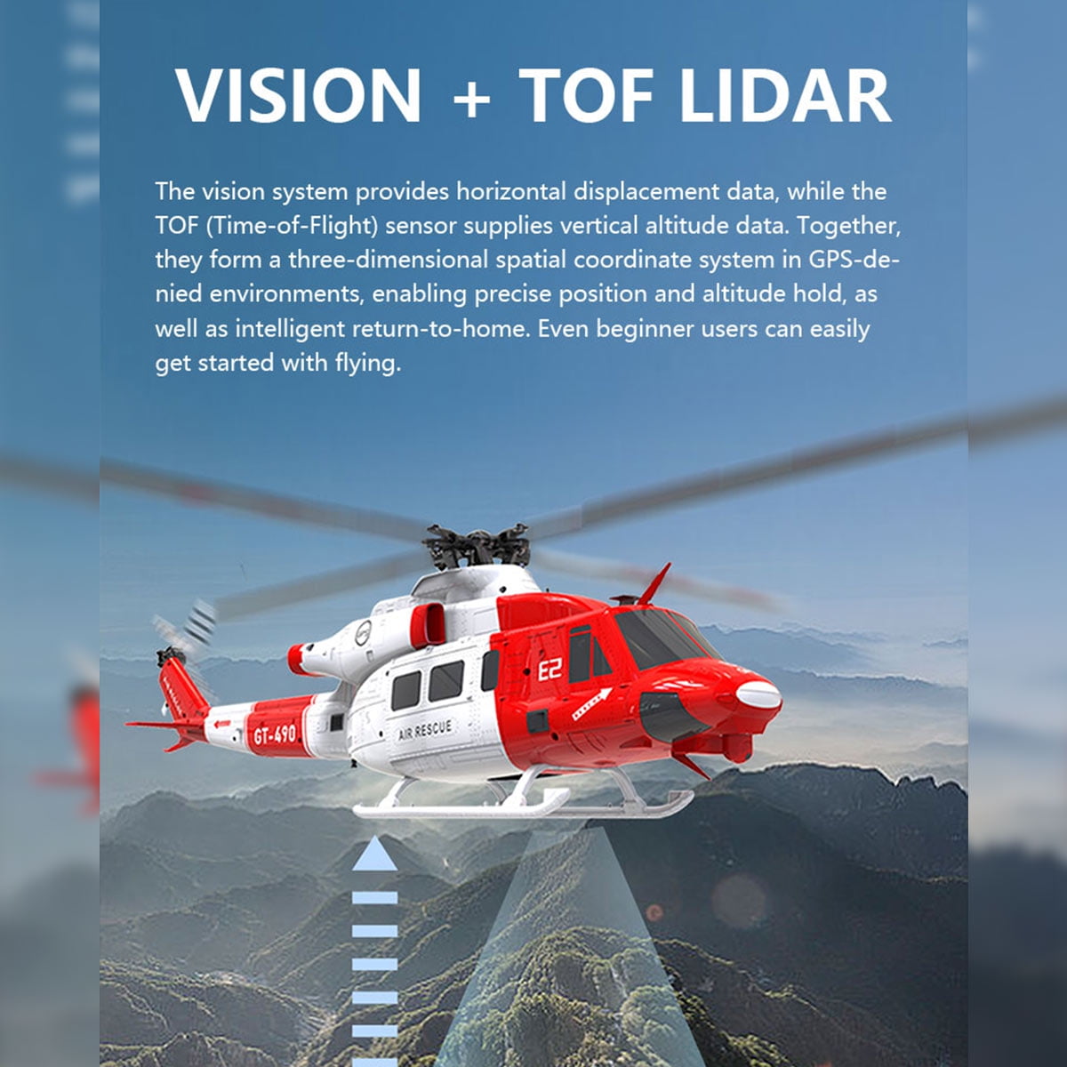 E2 UH-1Y Dual Brushless RC Simulation Helicopter Model, 2.4G 6CH Direct Drive Aircraft with Lidar positioning and GPS (RTF / Mode 1 & Mode 2 Switchable/Rescue Livery)