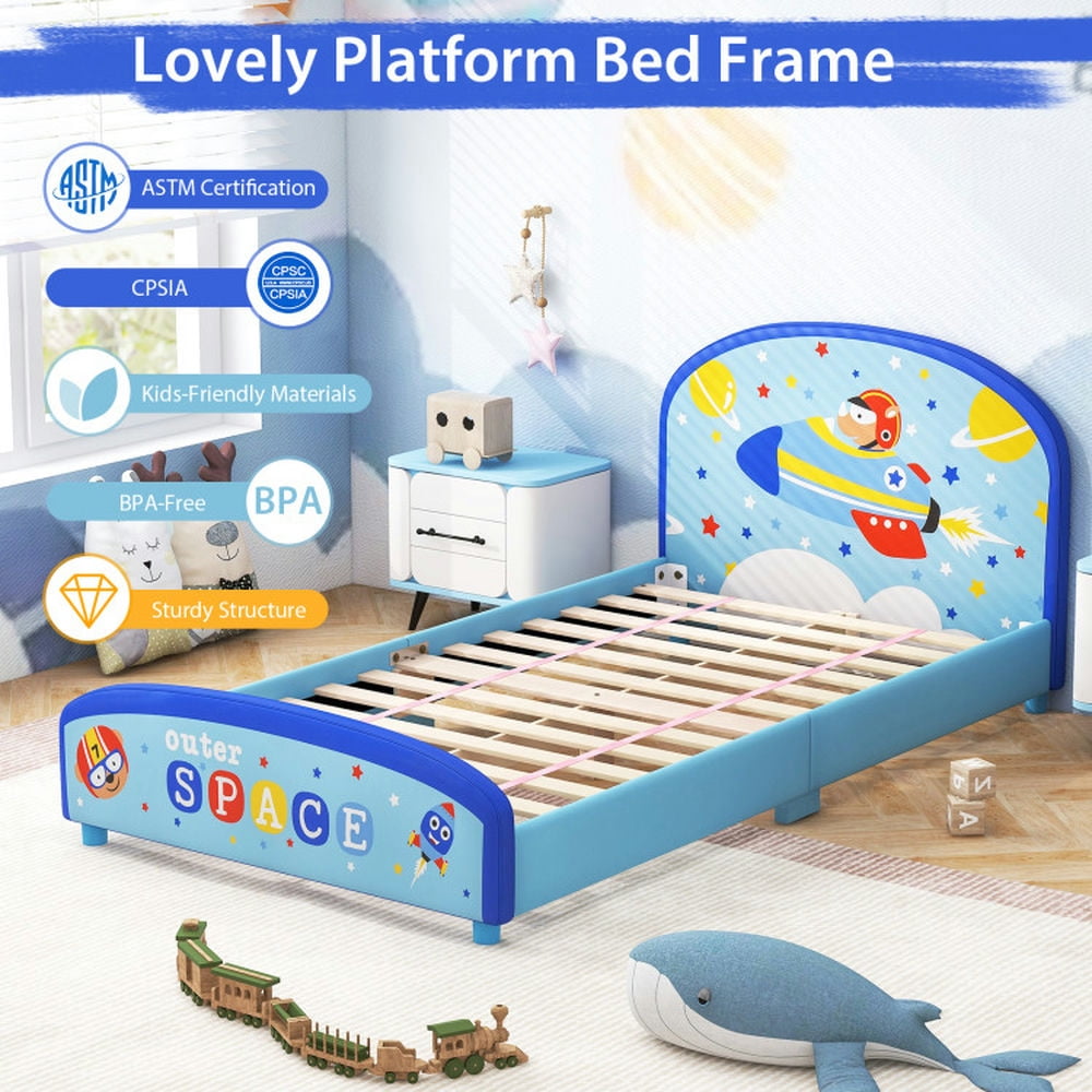 GVN Wood Upholstered Twin Bed Platform with Slat Support-Blue, Baby Bed for Sleeping and Sleepovers