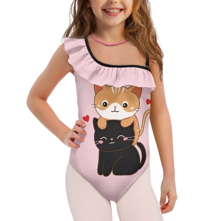 Uorisanigo Kids Swimsuits for Girls Kawaii Cat One Shoulder Swimwear Bathing Suit One Piece Single Spaghetti Strap Tankini Swimwear Size 9-10