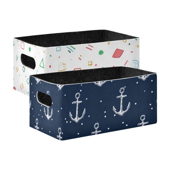 2 Pack Living Room Bed Room Felt Storage Baskets Boxes Foldable Organizer With Handles Colorful Simple Shapes and Lines white Hook