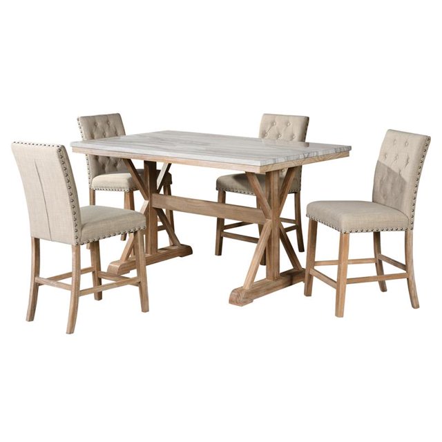Contre-hauteur 5pc Rustique en Bois Naturel Ensemble avec Faux Marbre et Chaises