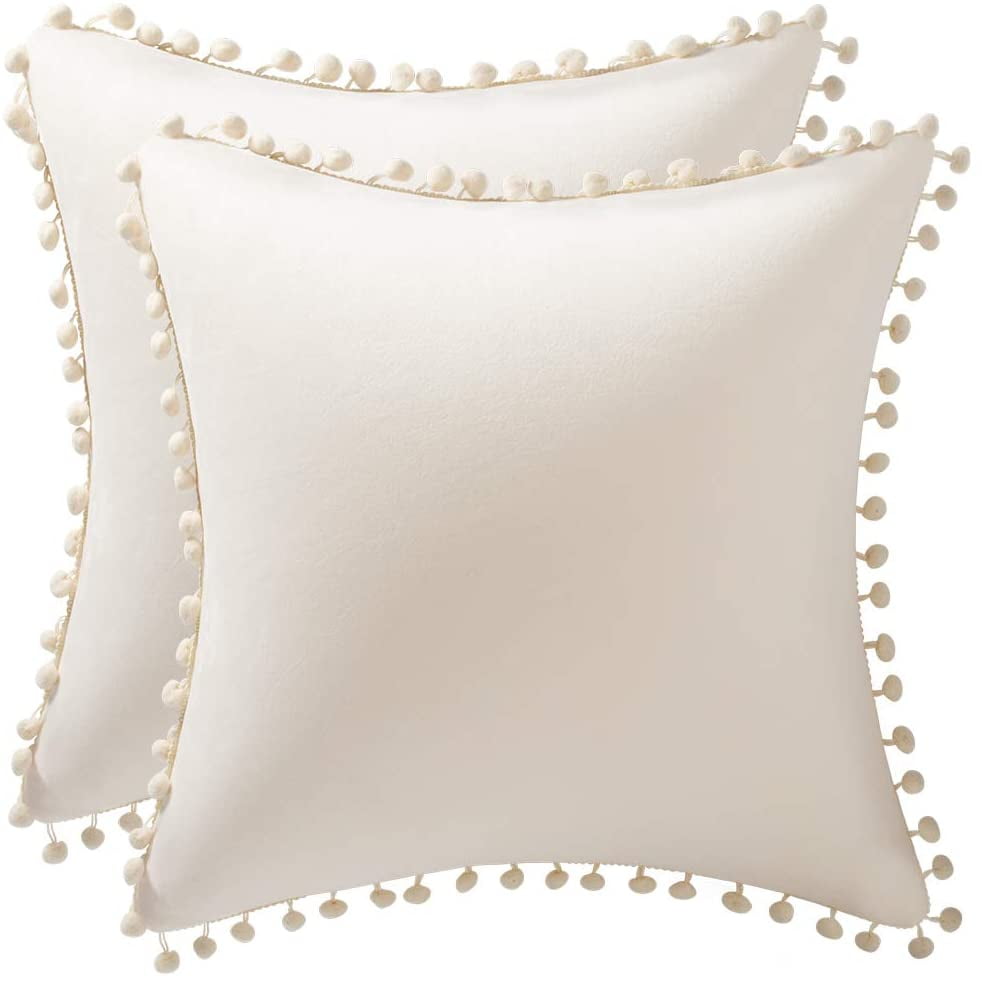 Pack of 2 Decorative Throw Pillow Covers with Pom Poms Soft Square