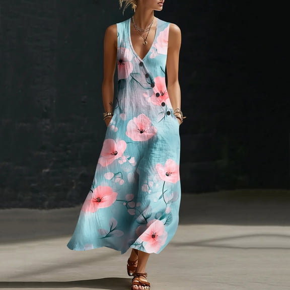 SOOMLON Long Dresses for Women Plus Size Sleeveless V Neck Maxi Dress with Pockets Floral Asymmetrical Dress Beach Sundress