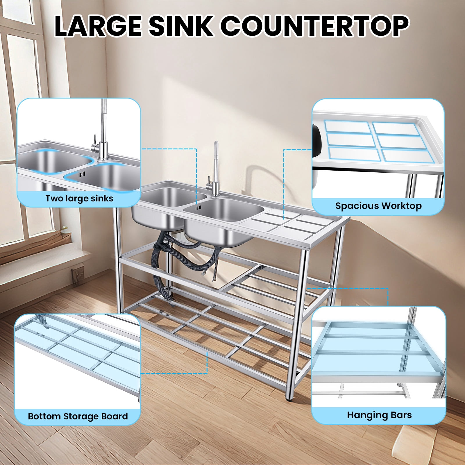 Zhuotong47.2 Inch Heavy-Duty Double Bowl Sink Station, Free-Standing Stainless Steel Utility Sink with Worktop, Lower Storage Shelf and Faucet, for Kitchen, Restaurant, Laundry & Outdoor Use