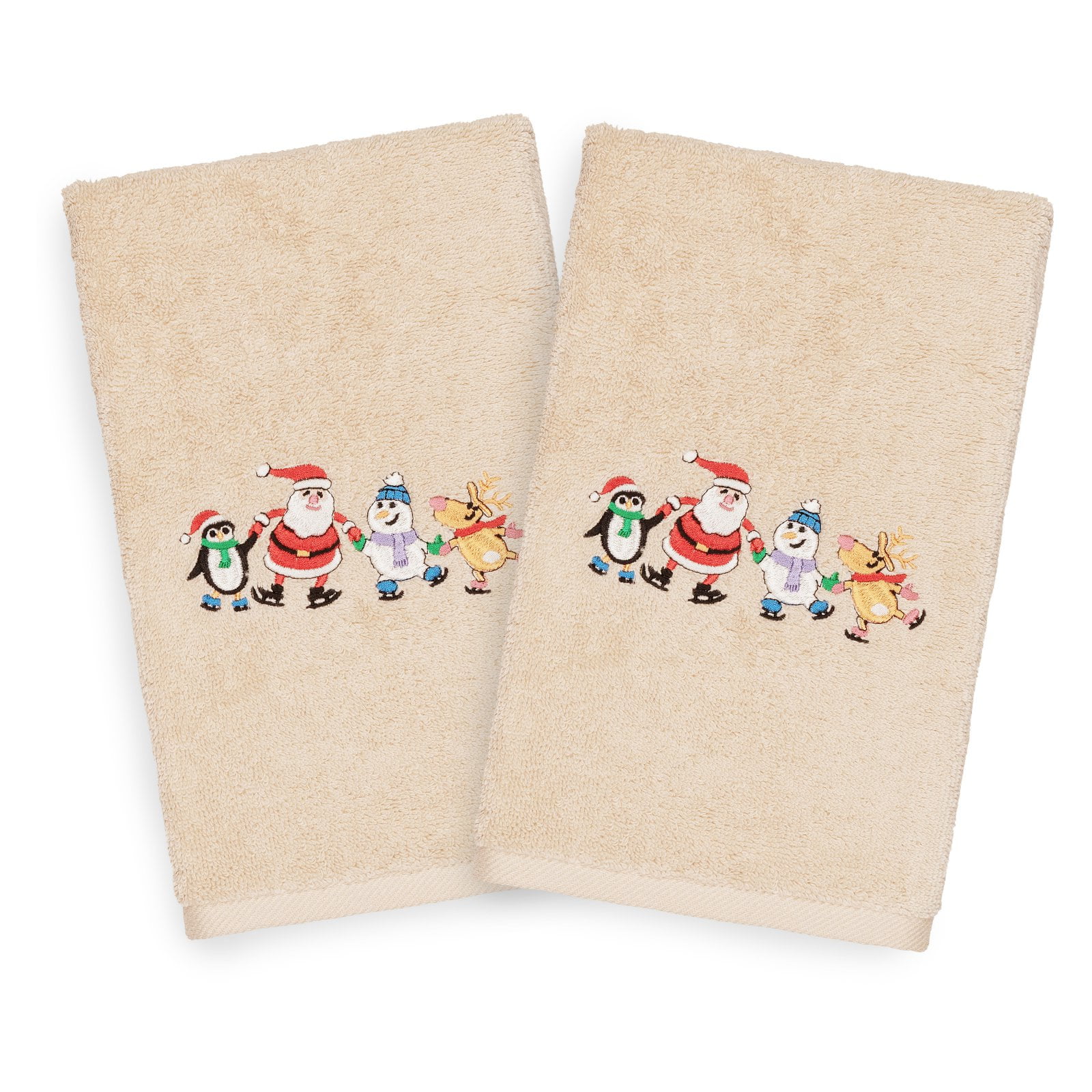 Linum Home Textiles Christmas Skating Party Embroidered Turkish Cotton Hand Towel - Set of 2