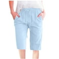 thumbnail image 6 of YUGYXL Cotton Linen Bermuda Pants for Women Elastic Waist Drawstring Vacation Short Pants with Pockets Summer Knee Length Pants Light Blue M, 6 of 6