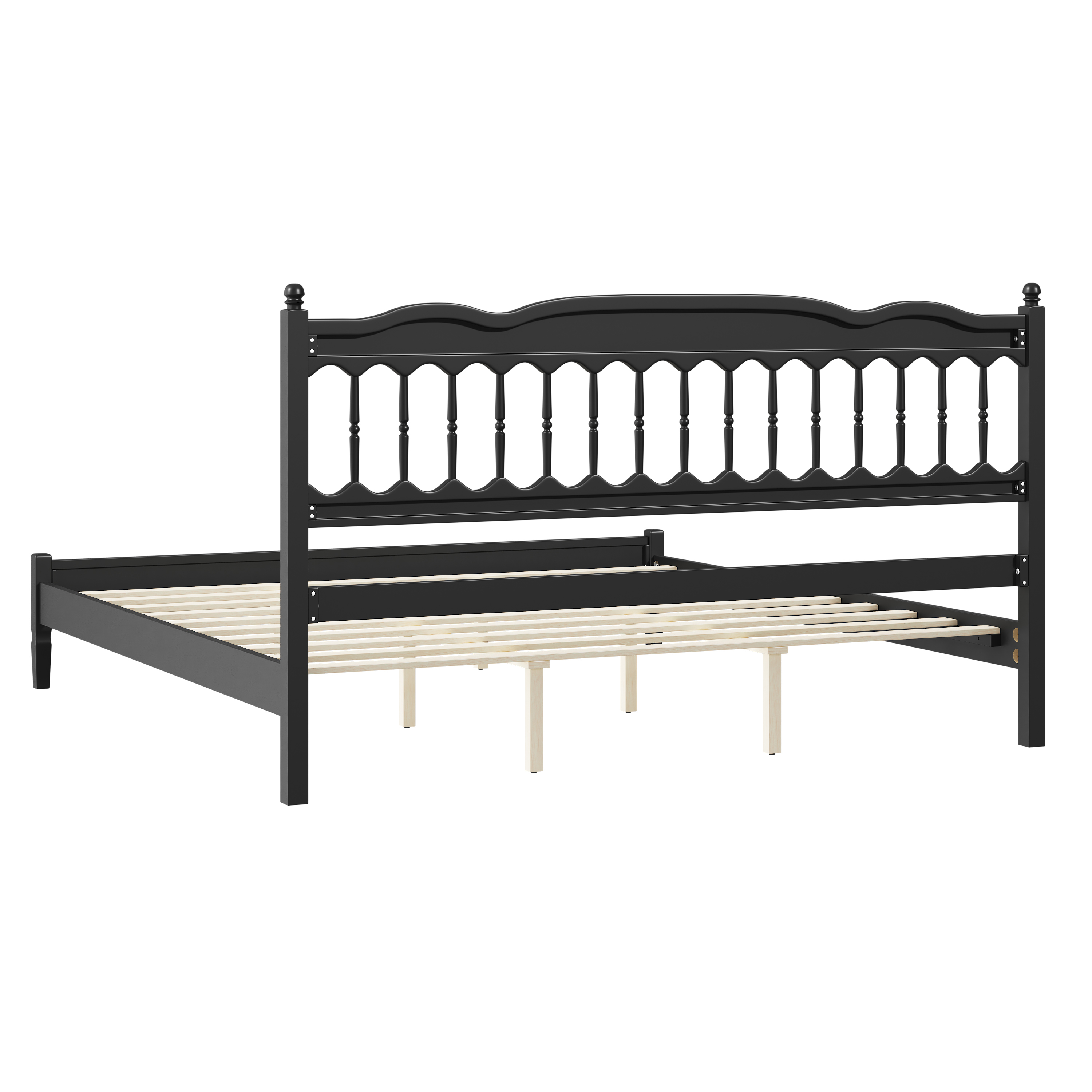 Euroco Wood King Size Platform Bed, Countryside Style Bed Frame with Spindle Headboard, No Box Spring Needed, Black