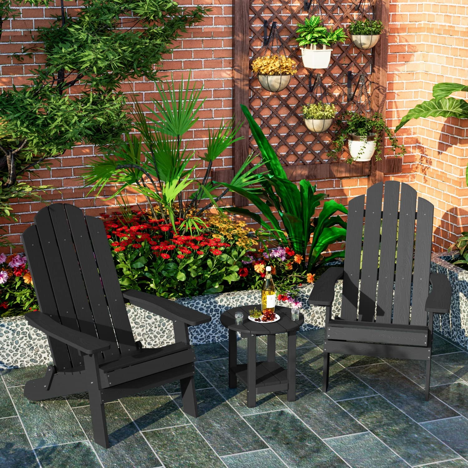WINSOON Folding Adirondack Chair and Table Set 3 PCS Garden Outdoor Patio, Black Finish