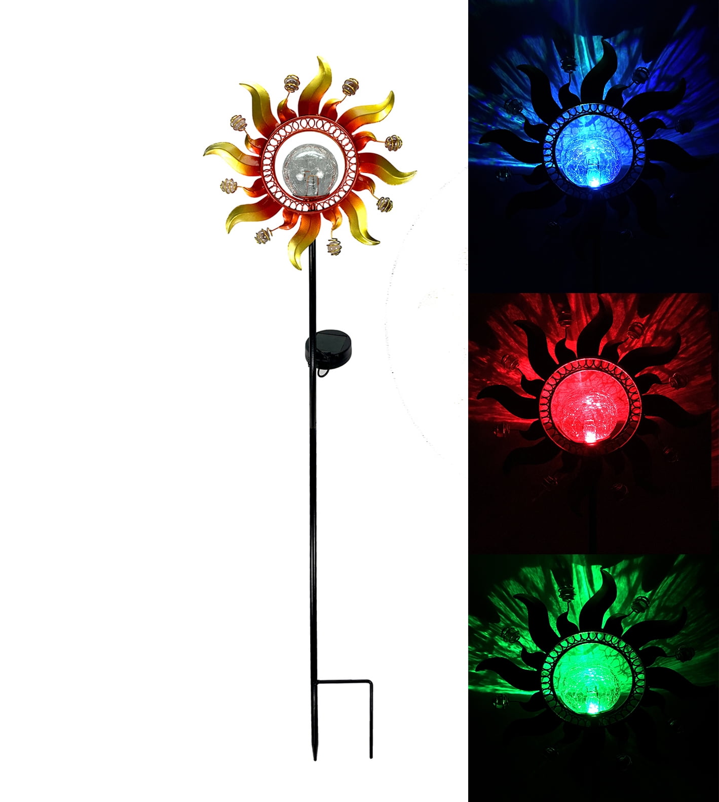 Solar Powered Metal Sunflower Glass Crackle Ball Garden Stake Color Change Light 
