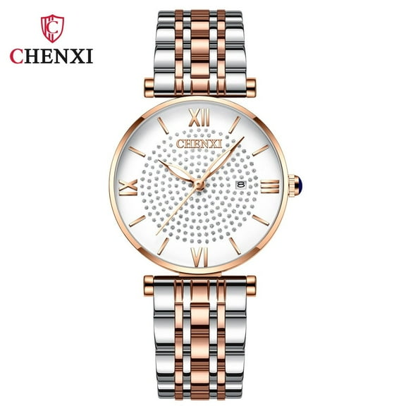 Explojoy Women's Diamond Watch – Roman Numeral Dial, Waterproof, Calendar Display, Luminous Hands