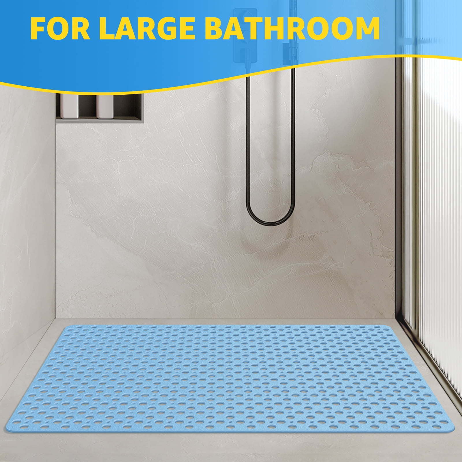 OTHWAY Large Shower Mat, 47x32 TPE Anti Slip Shower Mat, Heavy Bath Mats for Shower with Drain Holes Suction Cups, Shower Stall Mat for Bathroom, No Odor Shower Grip Mat for Elderly (Light Blue)