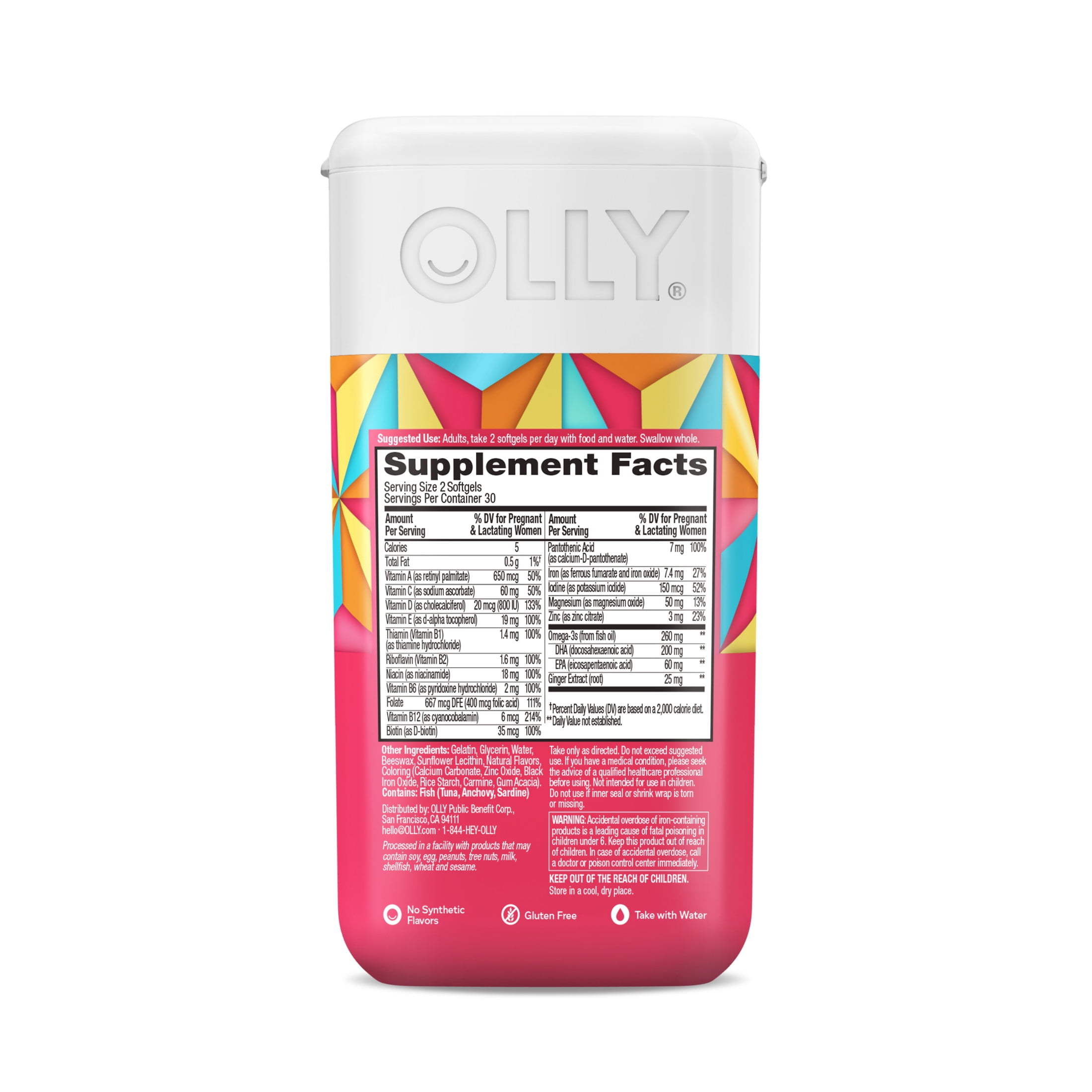 OLLY Ultra Strength Prenatal Multivitamin Softgels, Folic Acid, DHA, Iron, Vitamins B, C, D & E, 60 Count