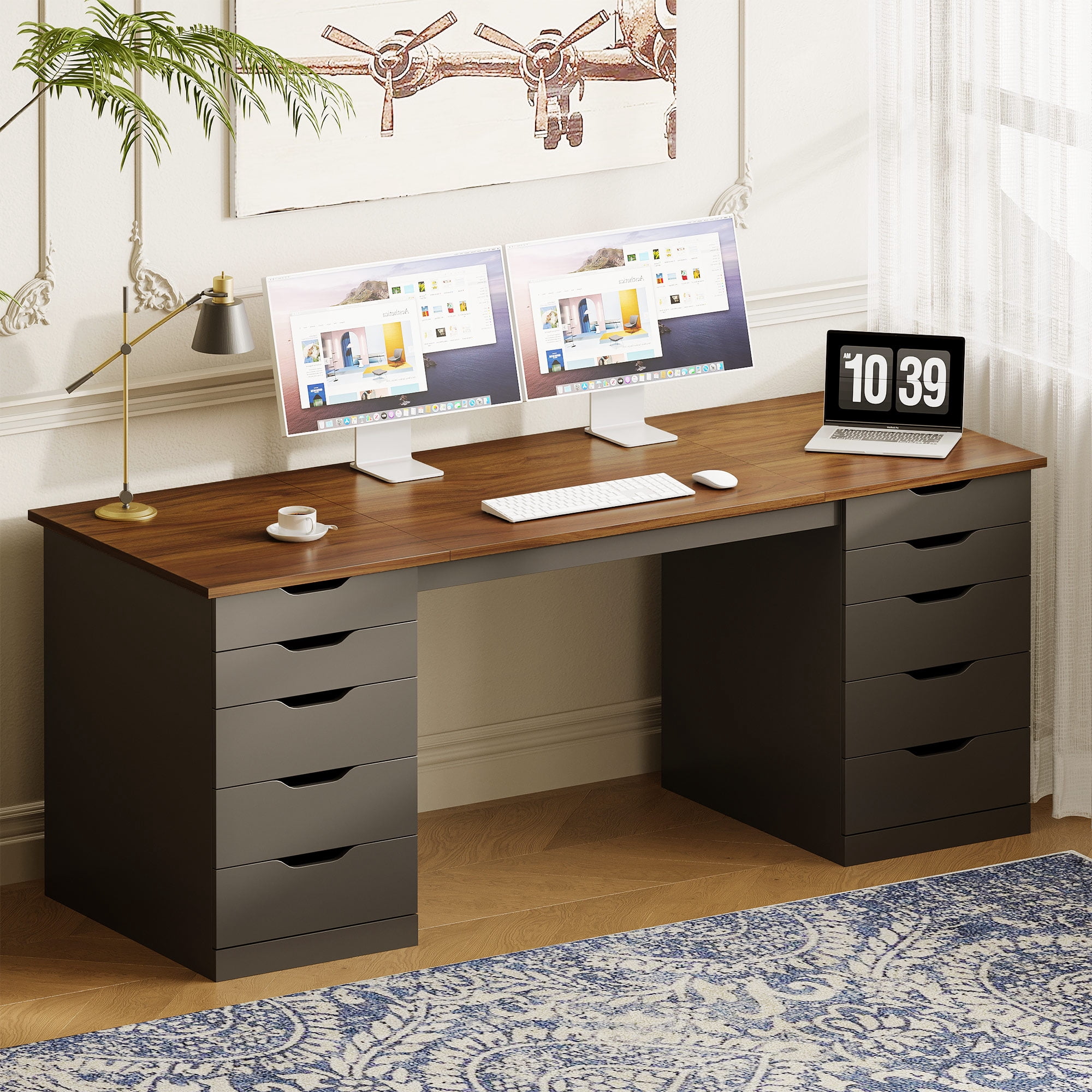 Casacomoda 55" Home Office Desk with 10 Drawers, Large Writing Desk with Storage, Black
